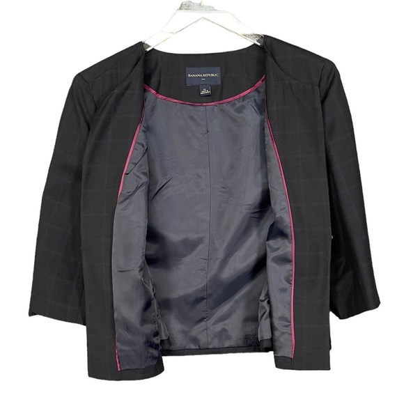 Banana Republic Blazer Womens 12 Black‎ Cropped Windowpane Lined 3/4 Sleeves - Picture 2 of 13